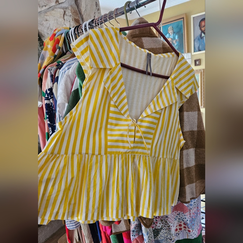 Anthropologie Maeve Babydoll Yellow Striped V-Neck Peplum Top Size XL NWOT - Picture 5 of 7